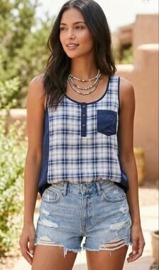 NWT Closet Romantic Blue Tank Top Plaid Silk Henley Cotton Granola Cottagecore